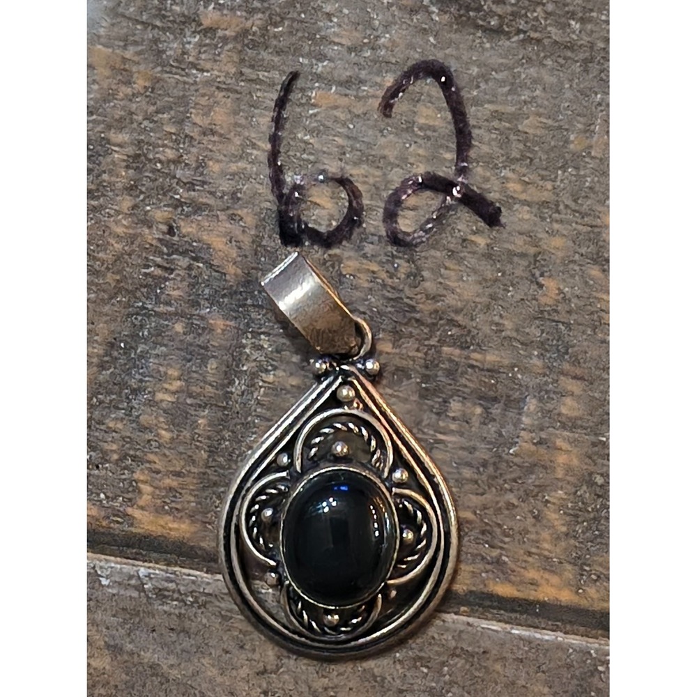 Sterling Silver Black Onyx Teardrop Pendant Filigree Scrollwork 925 Vintage